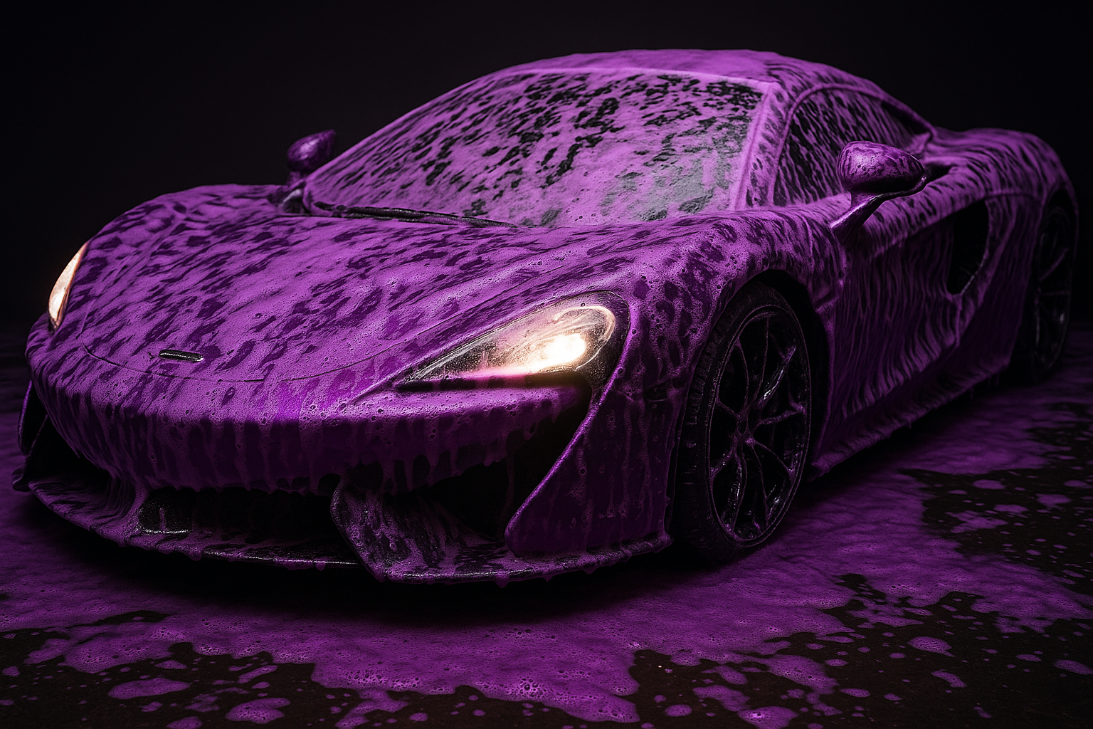 mclaren mit einem lila autoshampoo bedeckt, scheinwerfer an, fotorealistisch
